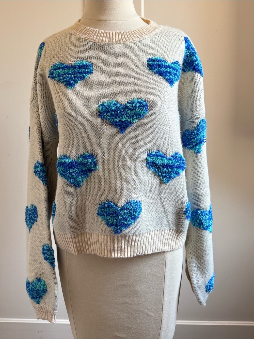 Blue Heart Sweater Soft Cream Knit